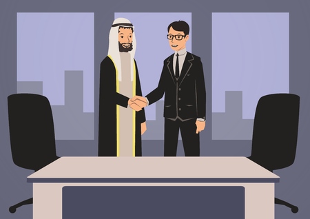 Arab and European businessmen shaking hands. Business meeting in office with Arab partners. Vector characters illustration.のイラスト素材