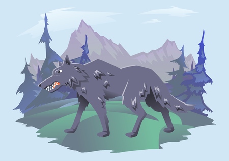 Gray angry wolf walking on the mountain landscape. Vector horizontal flat illustration on cyan background.のイラスト素材