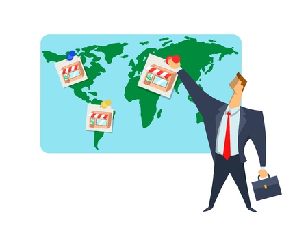 Franchise, trading network, business concept vector illustration. Businessman pins images of shop to the world map. Scaling of business. Vector flat illustration, isolated on white background.のイラスト素材