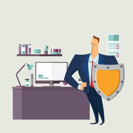 Man in business suit with a shield in front of computer desk. Protecting your personal data. GDPR, RGPD, DSGVO. General Data Protection Regulation. Concept vector illustration. Flat style.のイラスト素材