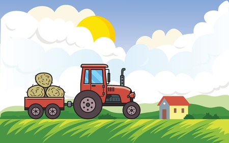 Tractor with trolley full of hay on rural landscape background with the sun, clouds and a house. Red vehicle on green meadow in the countryside. Flat vector illustration. Horizontal.のイラスト素材