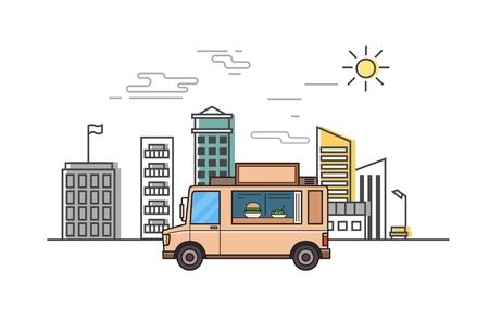 Beige food truck on stylized cityscape background. Vector flat illustration. Thin line style, white background.のイラスト素材