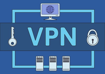 Virtual Private Network VPN explained. Infographic flat vector illustration on blue background. Horizontal.のイラスト素材