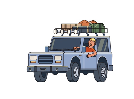 SUV car with luggage on the roof trunk and smiling guy behind the wheel. Off-road vehicle on the move. Traveler's off-road car. Isolated image on white background. Flat vector illustration.のイラスト素材