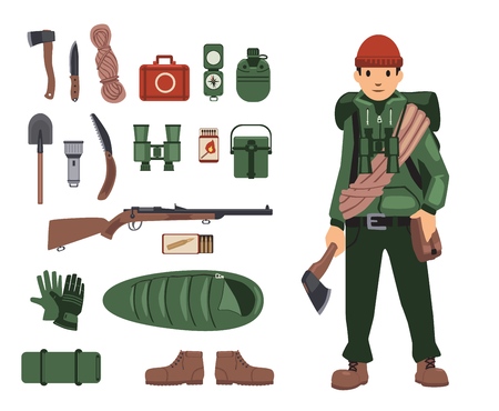 Fully bush craft-equipped man with isolated bush craft items nearby. Survival kit in details. Set of isolated images on white background.のイラスト素材