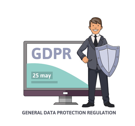 Smiling man in business suit with a shield in front of computer monitor showing GDPR date.のイラスト素材