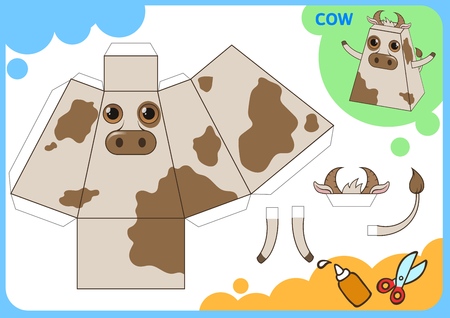 Funny cow paper model, small home craft project. Cut out, fold and glue for children vector template.のイラスト素材