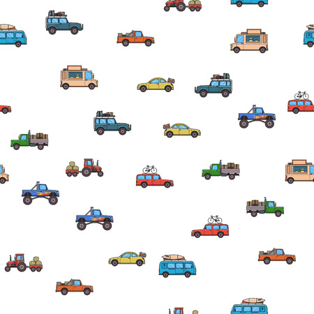 Colorful cars and trucks seamless pattern. White background. Vector illustration. Flat style.のイラスト素材