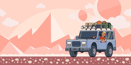 SUV car with luggage on the roof and smiling guy behind the wheel on extraterrestrial desert landscape background. Off-road vehicle on different planet. Vector flat illustration. Horizontal.のイラスト素材