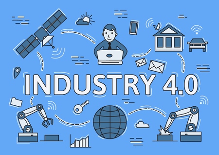 Industry 4.0 explaind. Concept flat vector illustration on blue background. Horizontalのイラスト素材