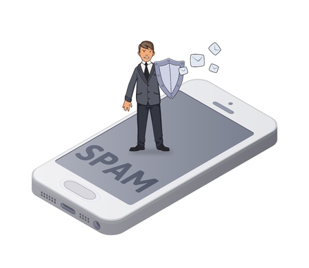 Man in busimess suit with a shield protecting smartphone from spam and unwanted mail. Concept isometric vector illustration. Isolated on white background.のイラスト素材