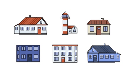 Set of old city buildings. Lighthouse and houses. Flat vector illustration. Isolated on white background.の写真素材