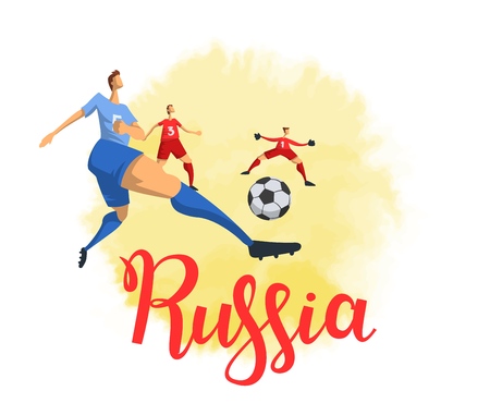 Russia and football. Football players on white background. Colorful poster with lettering. Flat vector illustration. Isolatedのイラスト素材