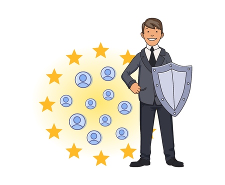 GDPR compliance. Personal data security. Shielded man protecting personal accounts in front of European Union stars. Flat vector illustration. Isolated on white background.のイラスト素材