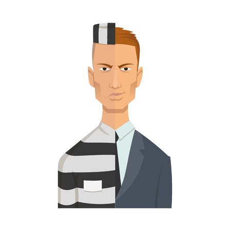 Two-faced corrupt official, businessman. Criminal face of corruption. Flat vector illustration. Flat style. Isolated on white background.のイラスト素材