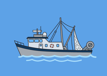 Commercial fishing trawler boat. Flat vector illustration. Isolated on blue background.のイラスト素材