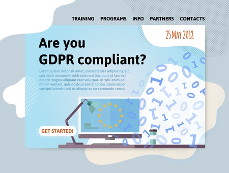GDPR compliance. General Data Protection Regulation. Office enviroment with digital data background. Are you compliant. Design template of website, poster, print media. Vector illustration.のイラスト素材