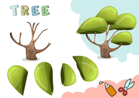 Green Tree Paper Model. Small home craft project, paper game. Cut out and glue. Cutouts for children. Vector template.のイラスト素材