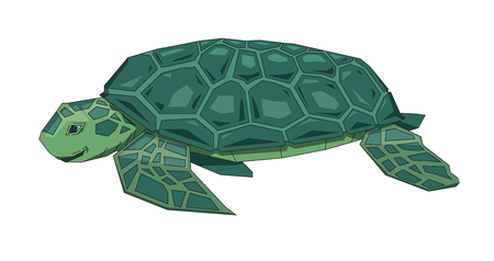 Big green sea turtle, flat Earth concept. Flat line vector illustration. Colored cartoon style, isolated on white background.のイラスト素材