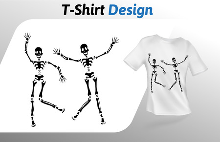Two black sceletons dancing t-shirt print. Funny mock up t-shirt design template. Vector template, isolated on white background.のイラスト素材