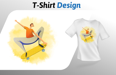 Skater flipping on the board t-shirt print. Colorful mock up t-shirt design template. Vector template, isolated on white background.のイラスト素材