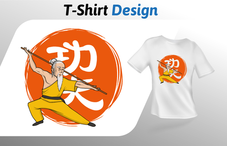 Kung fu master on Chinese kung fu hieroglyph t-shirt print. Colorful mock up t-shirt design template. Vector template, isolated on white background.のイラスト素材