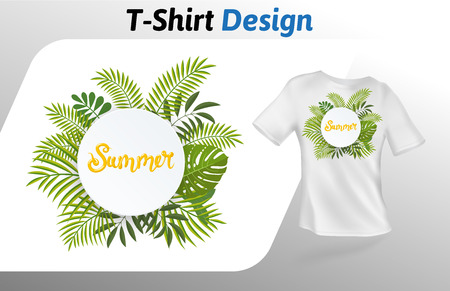 Circle of fern leaves with word summer in the middle t-shirt print. Colorful mock up t-shirt design template. Vector template, isolated on white background.のイラスト素材