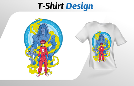 Guy with VR headset playing a fantsy hero, t-shirt print. Colorful mock up t-shirt design template. Vector template, isolated on white background.のイラスト素材