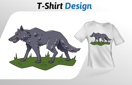 Gray wolf walking on grass t-shirt print. Colorful mock up t-shirt design template. Vector template, isolated on white background.のイラスト素材