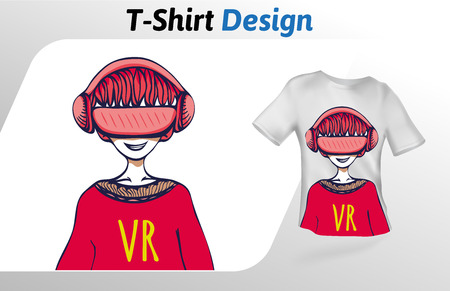 Guy in VR headset having a good time, t-shirt print. Colorful mock up t-shirt design template. Vector template, isolated on white background.のイラスト素材