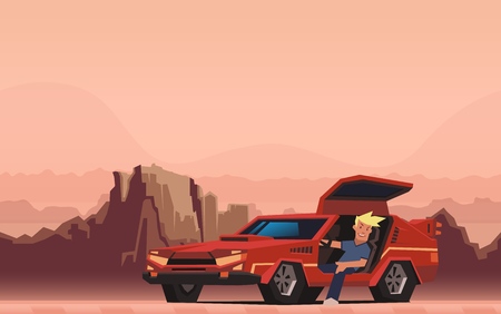 Young smiling guy sitting in red racing car on canyon desert background. Happy traveler. Flat vector illustration, horizontal.のイラスト素材