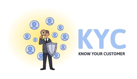 KYC, Know Your Customer concept. Businessman with a shield looking at the partners-to-be through a magnifying glass. Colored flat vector illustration on white background.のイラスト素材
