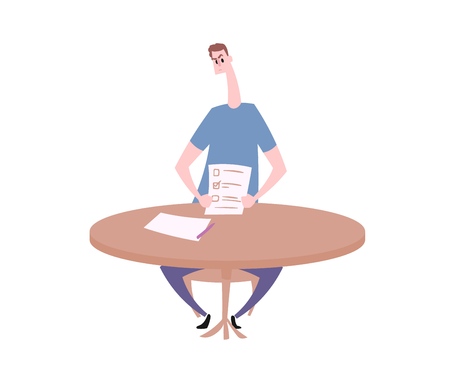 Funny cartoon man sitting at the table with an answer sheet in front of him. Colorful flat vector illustration. Isolated on white background.のイラスト素材