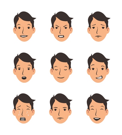 Set of young man's faces with different emotions. Emoji, emoticon collection. Flat vector illustration. Isolated on white background.のイラスト素材