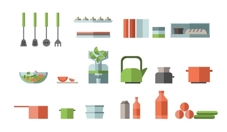 Kitchen items and tools flat icon collection. Utensil set. Colorful flat illustration. Isolated on white background.のイラスト素材