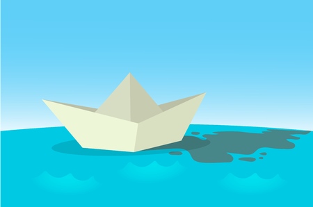 Paper boat sailing on blue water surface. Flat vector illustration. Horizontal.のイラスト素材