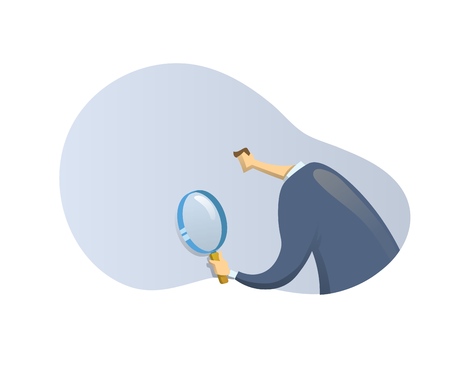 Businessman in suit looking through a magnifying glass on abstract shape backgroud, back view. Recruiting and researches. Vector flat design illustration. Isolated.のイラスト素材