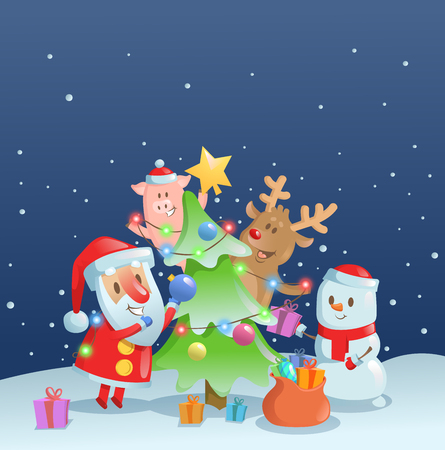 Santa Claus decorating New Year fir tree with his friends. Web banner, advertisement, card, print design. Colorful flat vector illustration.のイラスト素材