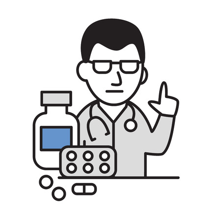 Doctor consulting with pills in front of him. Cartoon design icon. Colorful flat vector illustration. Isolated on white background.の写真素材