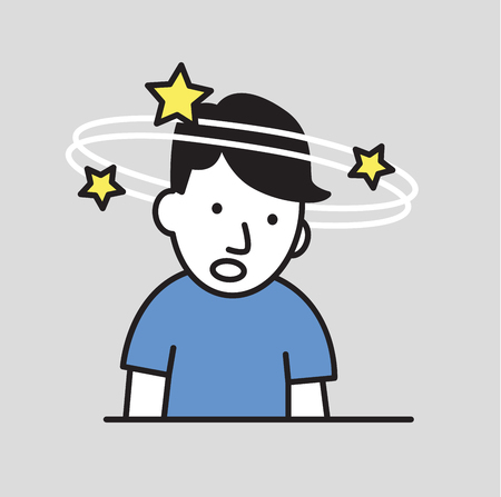 Confused boy seeing spinning stars. Loss of consciousness flat design icon. Colorful flat vector illustration. Isolated on gray background.のイラスト素材