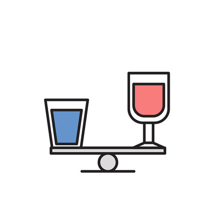 Galss of water and bottle of alcohol on scales. Cartoon design icon. Colorful flat vector illustration. Isolated on white background.の写真素材