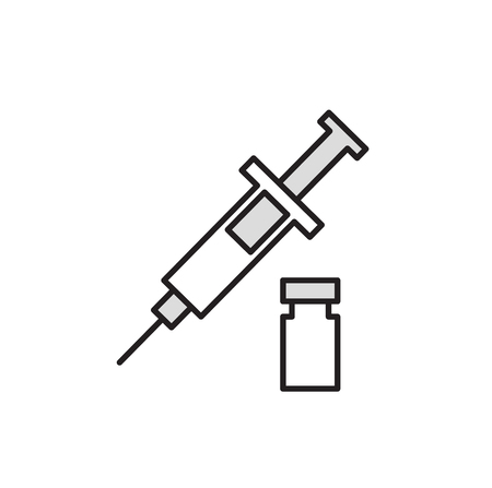 Syringe and vial medical symbol. Cartoon design icon. Colorful flat vector illustration. Isolated on gray background.の写真素材