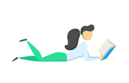 Young woman reading a book on the floor. Colorful flat vector illustration. Isolated on white background.のイラスト素材