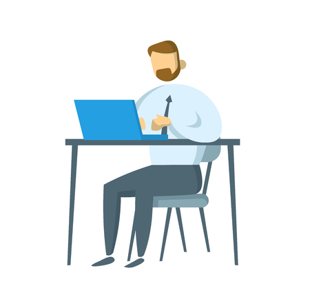 Bearded businessman sitting at his workplace. Manager working on a laptop in his office. Flat vector illustration. Isolated on white background.のイラスト素材