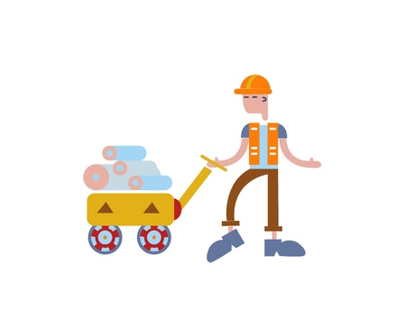 Loader worker man with rolls in the trolley. Person working in a warehouse. Delivery service. Concept for banners, infographics or webpages. Flat vector illustration. Isolated on white background.のイラスト素材