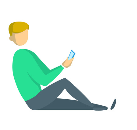 Young man in green sweater sitting on the floor with his smartphone leaning against the wall. Freelancing and digital marketing, social media. Flat vector illustration. Isolated on white background.のイラスト素材