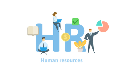HR, Human resources. Concept with keywords, letters and icons. Colored flat vector illustration on white background. Isolatedのイラスト素材