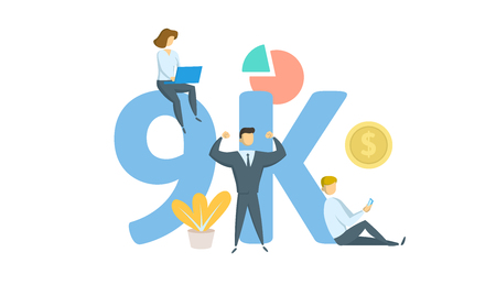 9K likes, followers online social media banner. Concept with keywords, letters, and icons. Colored flat vector illustration. Isolated on white background.のイラスト素材