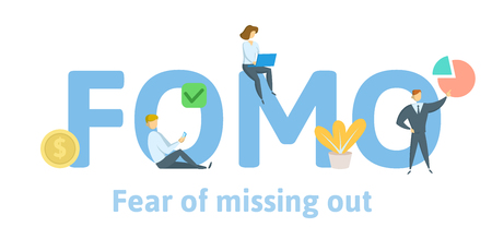 FOMO fear of missing out. Concept with keywords, letters, and icons. Colored flat vector illustration. Isolated on white background.のイラスト素材
