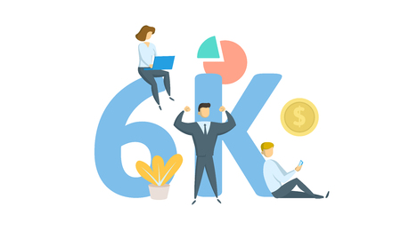 6K likes, followers online social media banner. Concept with keywords, letters, and icons. Colored flat vector illustration. Isolated on white background.のイラスト素材